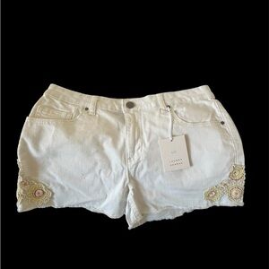 LC Lauren Conrad White Denim Shorts with Floral Hem Embroidery